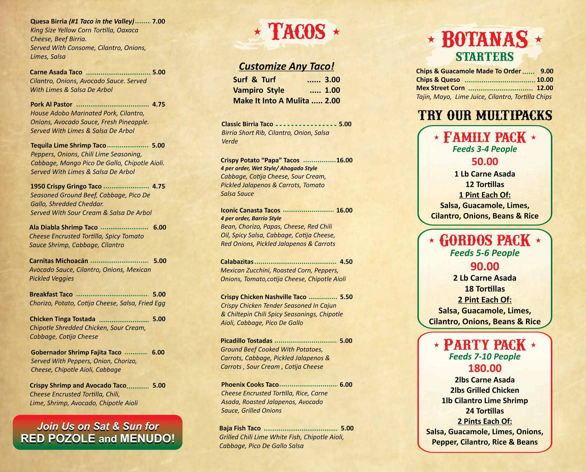 Gordos Tacos Menu Gordos Tacos Menu - Tacos